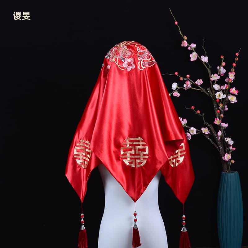 Red Wedding Veil for Bride, Chinese-Style Embroidered Tassel Head Covering, Wedding Supplies, Traditional Xihe Veil Factory