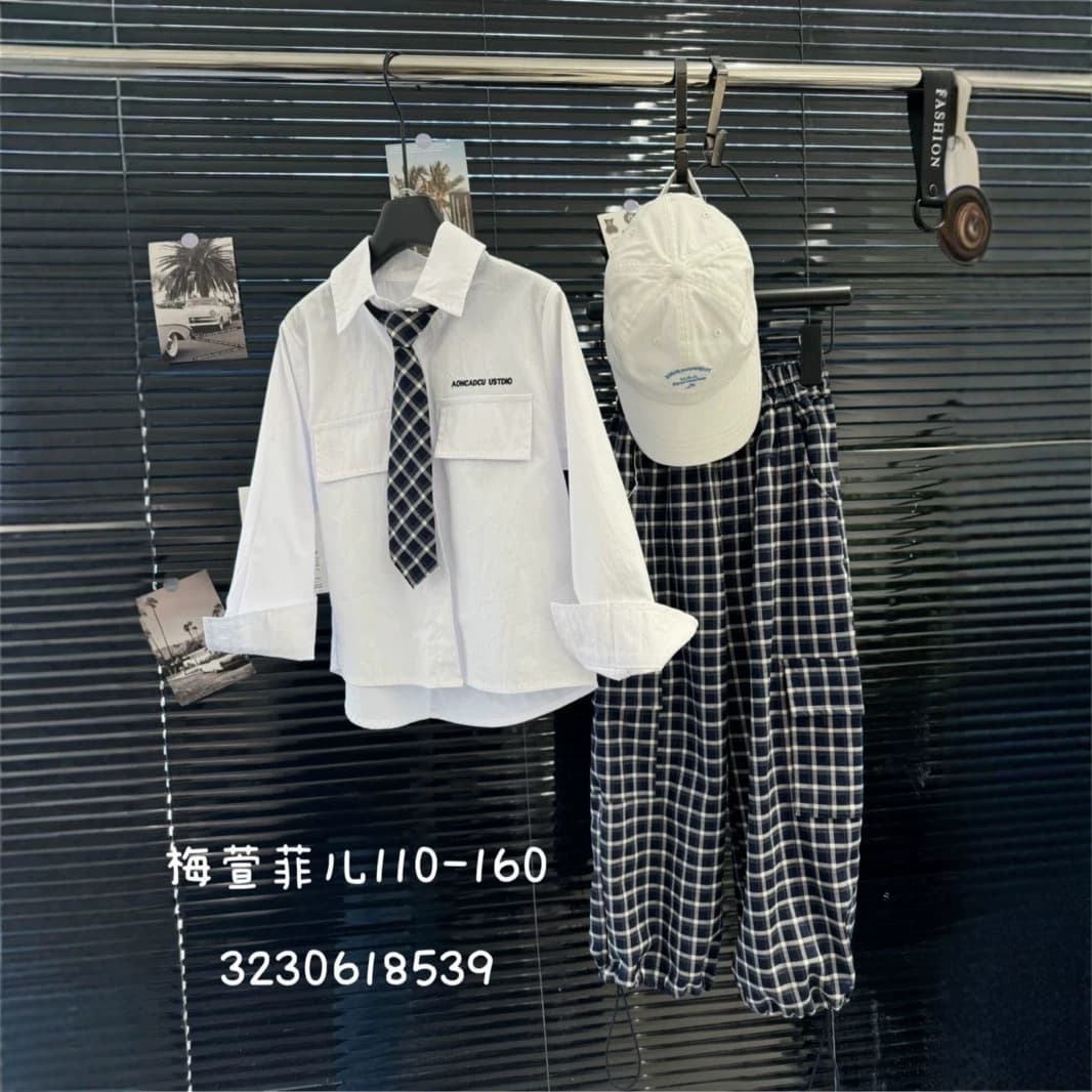 Boys Girls Autumn Kids Set Casual Style Middle Older Kids Shirt Plaid Pants Tie 3-Piece Set Zhili Kids Clothing