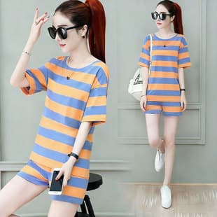 Fashion Sport Set Women 2026 Summer New Short Sleeve Striped Sleeve Shorts Plus Size Loose Casual Two-Piece Set