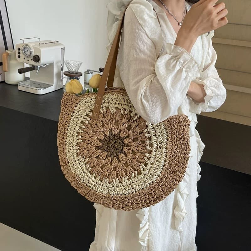 Cross-border large-capacity round woven bag straw bag women's new simple shoulder bag woven tote bag beach bag