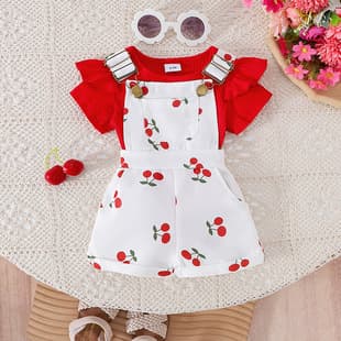 Baby Girls Clothes 0-3Y Summer Flutter Sleeve Short Sleeve Bodysuit + Cherry Dungarees In Stock
