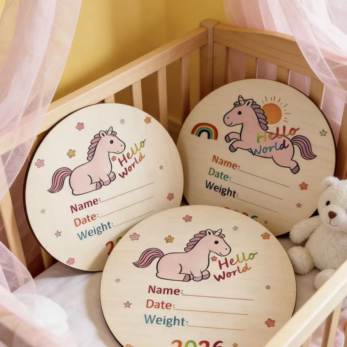 Cross-border 2026 Hello world Year of the Horse new product baby birth wooden commemorative plaque