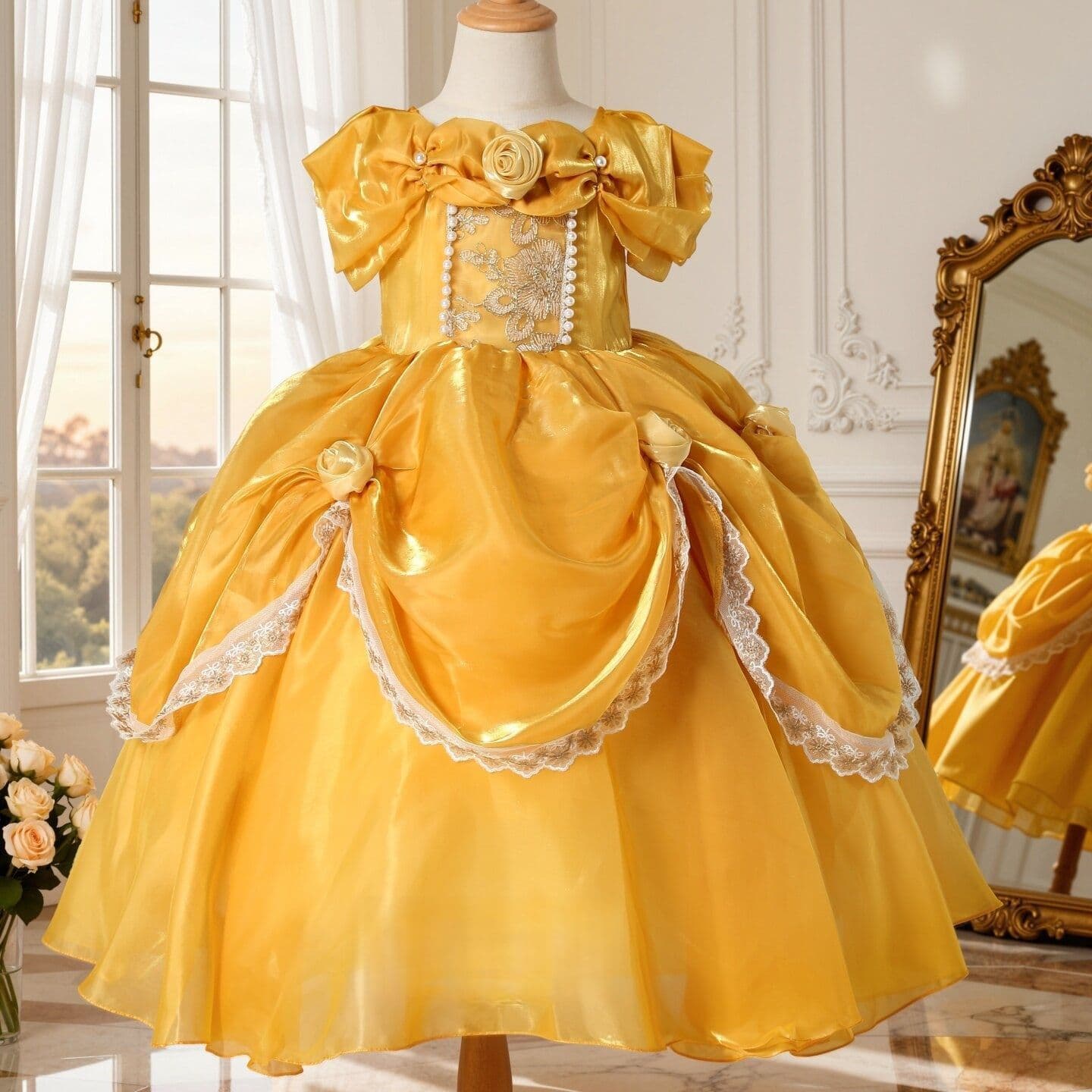 Disney Belle Princess Dress Girls Yellow Tutu Dress Children's Birthday Gown Cos Dress