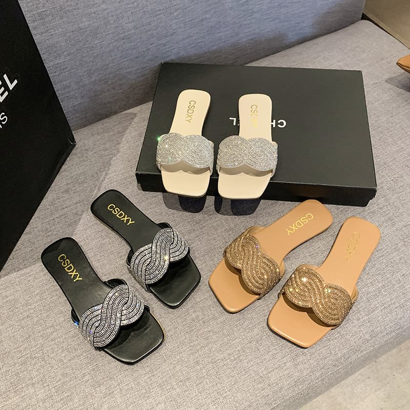 Korean Style Striped Flat Slippers for Women, Square Toe Slip-On House Slippers
