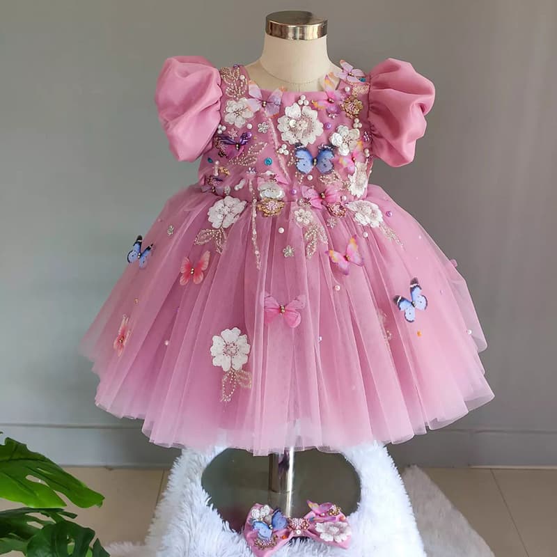 Puff Sleeve Princess Dress 2026 New Children's Pink Fluffy Yarn Flower Butterfly Children's One-Year-Old Dress for Women