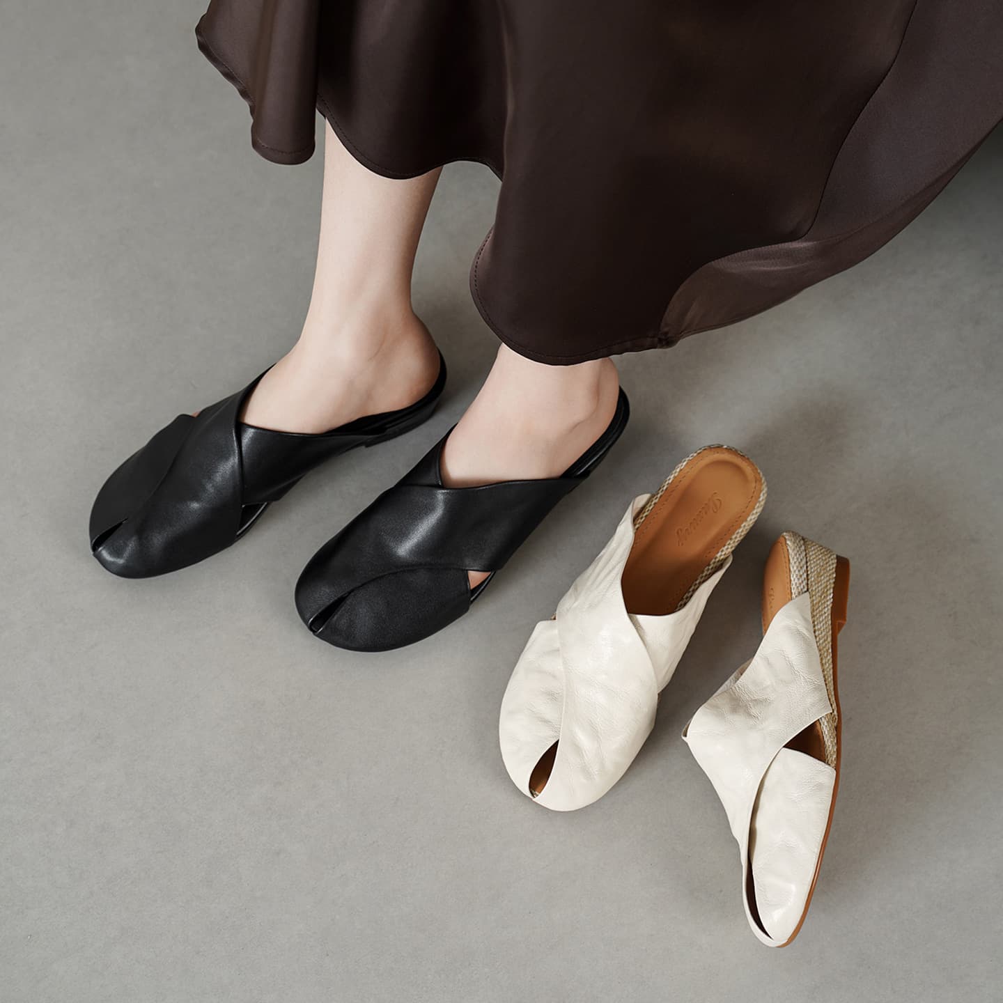 Sheepskin 3cm wedge heel~simple retro style fashionable toe-toe slippers for women flat Mule shoes hollow sandals and slippers