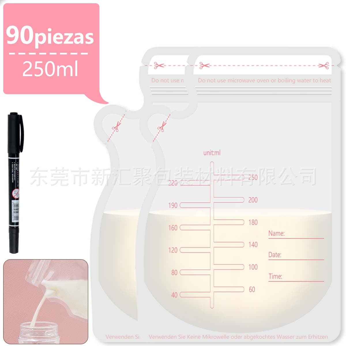 Dongguan Direct Supply for Cross-border Amazon 250ml Breast Milk Storage Bags English Version, 90 Pieces, Ready Stock