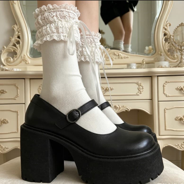 White Mid-Calf Socks for Women Lace Trim Ribbon Bow Sweet Ballet Style Lolita Socks Summer Cake Socks
