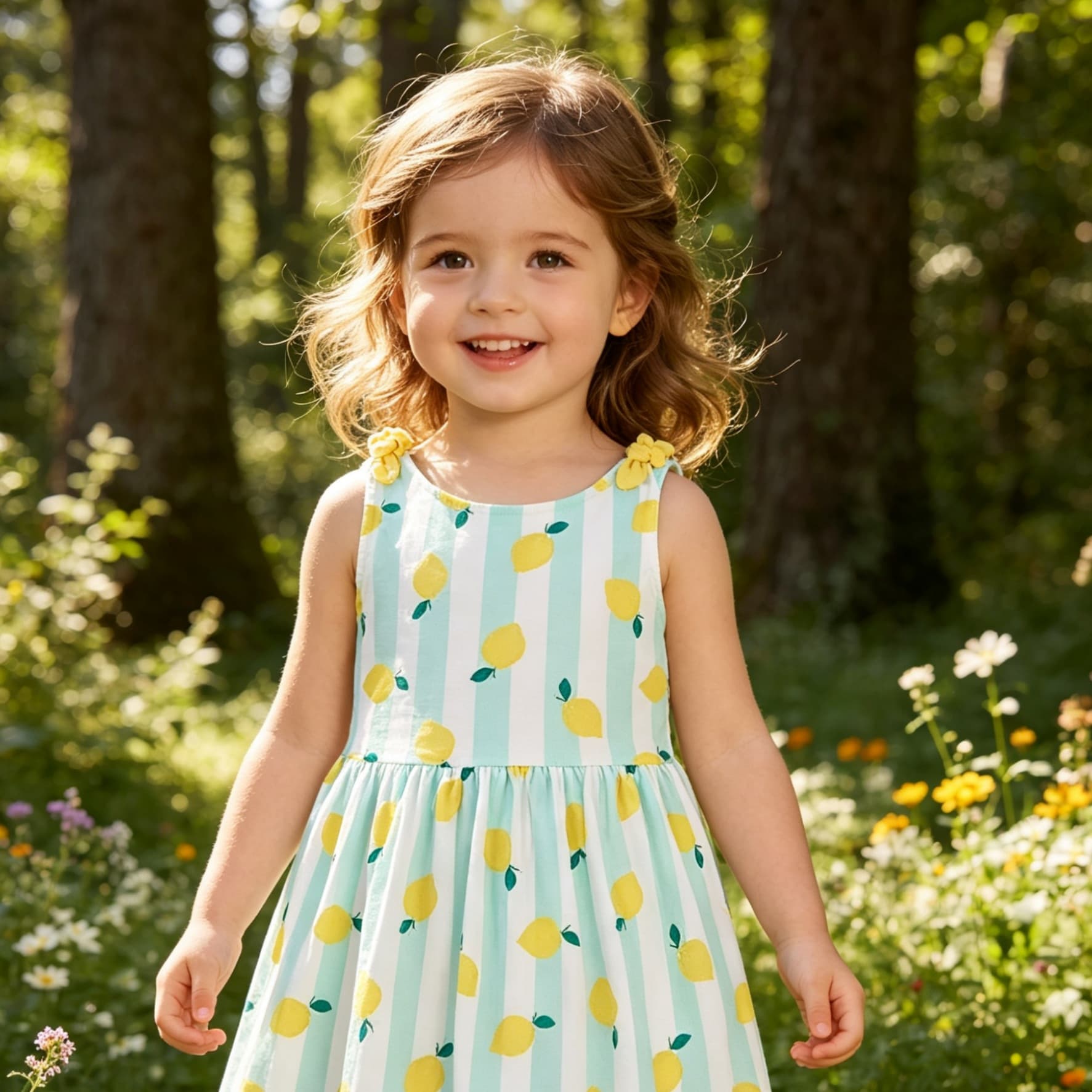 Girls' Summer Fresh Style Suspender Dress, Baby Girl 2026Y Forest Style Pure Cotton Lemon Print Sleeveless A-Line Dress