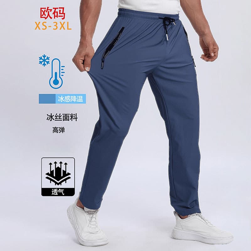Cross-border EU Size Ice Silk Long Pants for Men Summer Thin Quick-Dry Breathable Sports Pants Air Conditioning Pants Straight Leg Casual Trousers