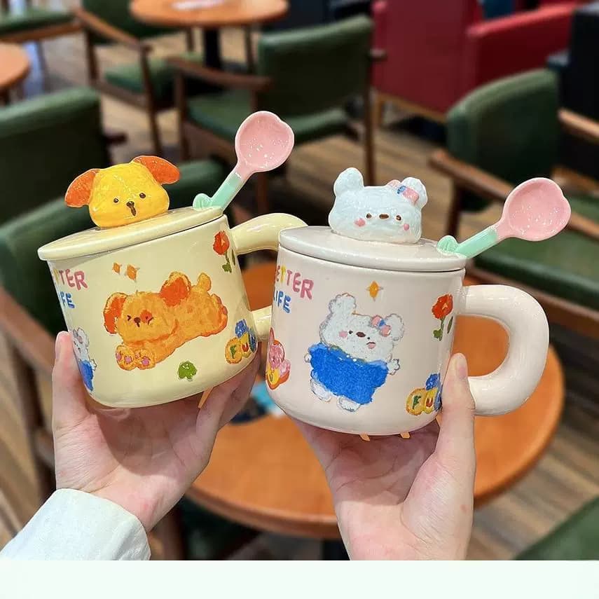 Cute Ceramic Mug with Lid and Spoon, High Appearance Coffee Cup for Women, Office Cup, Gift
