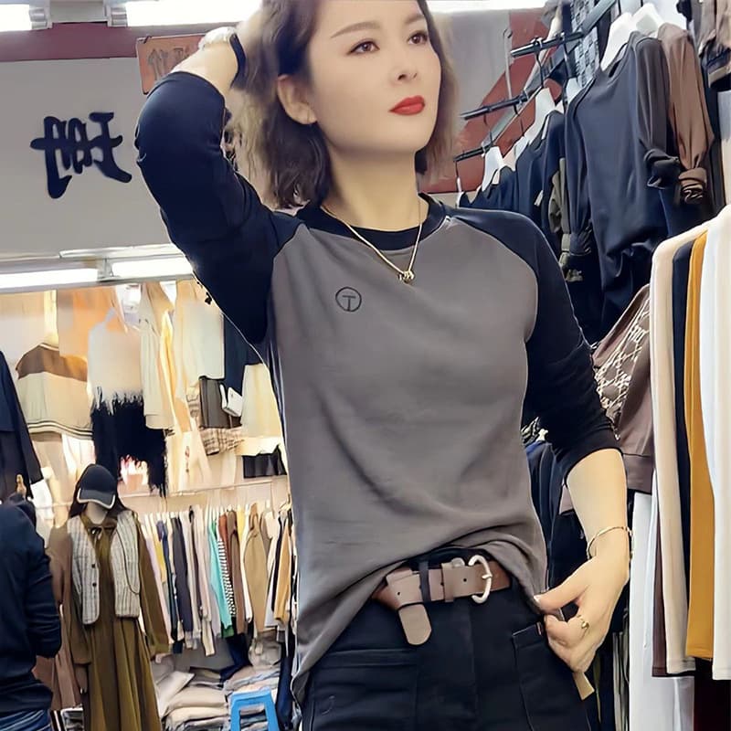 European and Hong Kong Style Velour Spliced Contrast Color Long Sleeve T-Shirt, Autumn and Winter Inner Layer Warm Base Layer Slim Fit Outerwear Top for Women