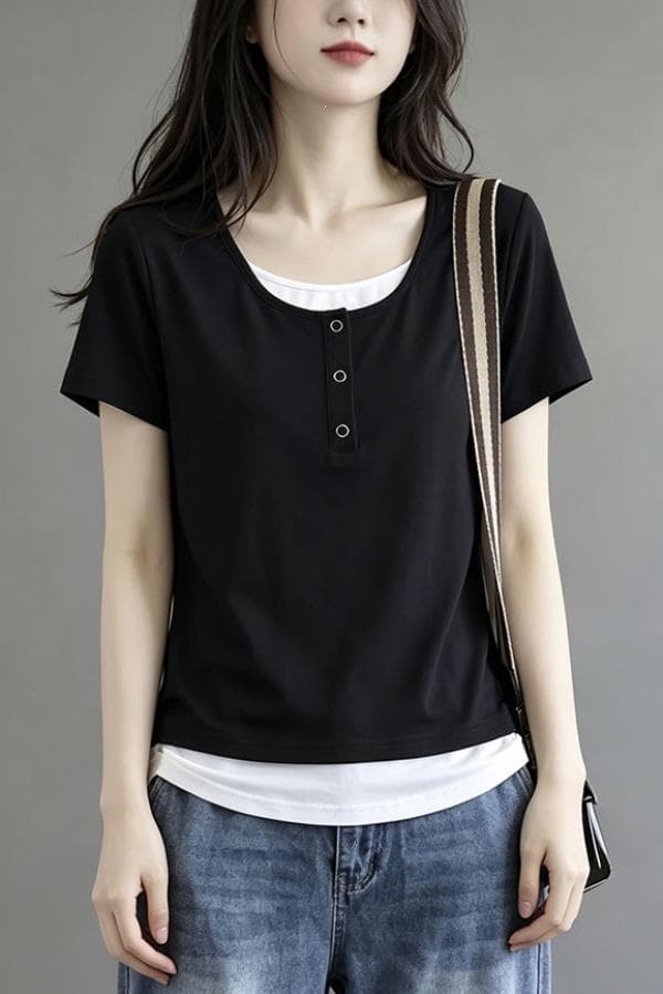 New Summer Petite U-Neck Knit Crop Top Short Sleeve Slimming T-Shirt for Women Curvy Fit Patchwork Fashion Top