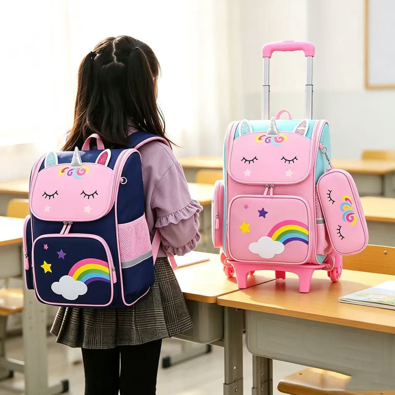 Elementary school student trolley schoolbag 1-3-6 years old girls unicorn detachable six-wheel Rolling schoolbag