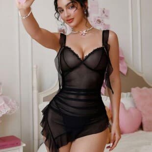 Sexy Lingerie for Women, Spaghetti Strap Slip Dress, Mesh Semi-Sheer Irregular Hem, Pure Desire Boudoir Innerwear Loungewear