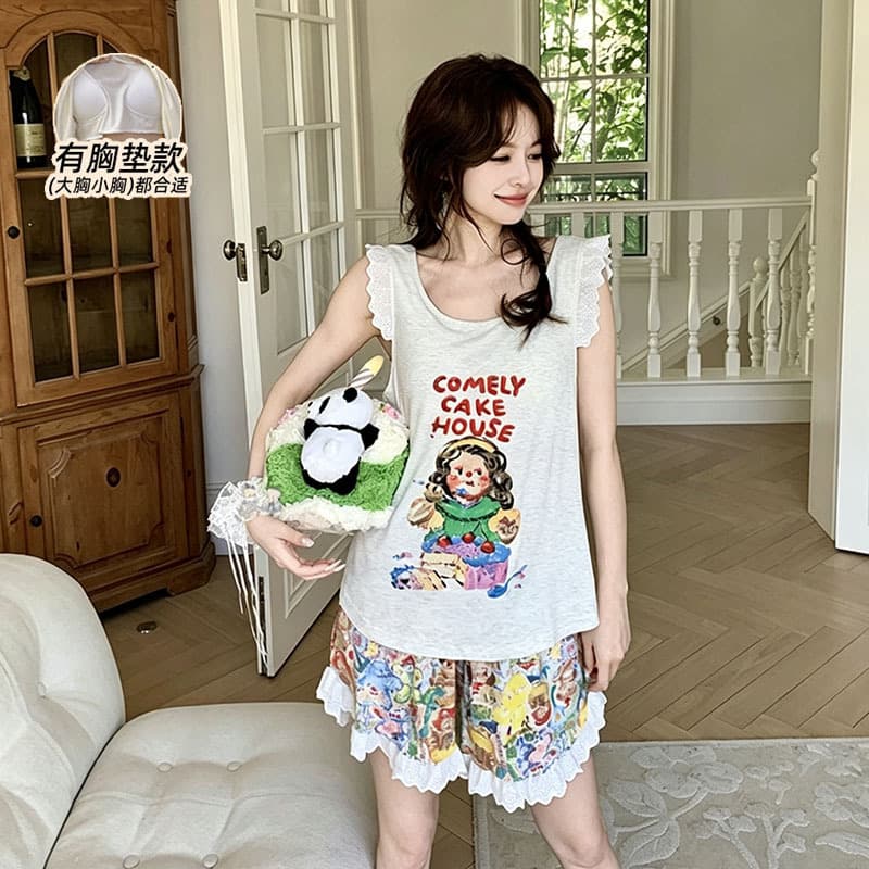 2026 New Cartoon Print Pajamas with Breast Pads for Women Summer Sleeveless Vest Shorts Home Clothes Set Can Be Weared Outside