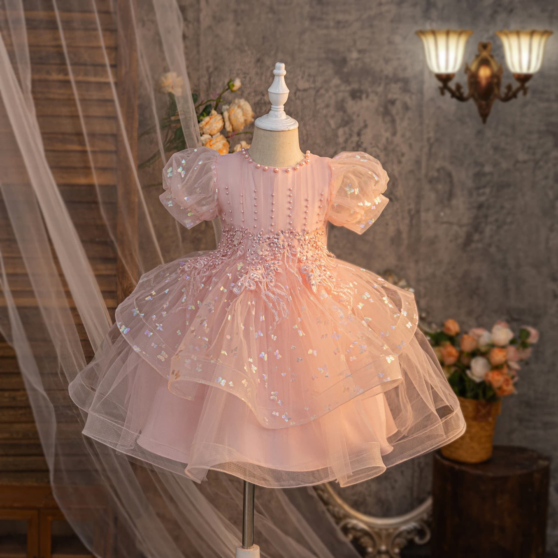 Children's puff sleeve princess dress foreign trade flower girl printed short dress wedding dress girls high-end tutu skirt