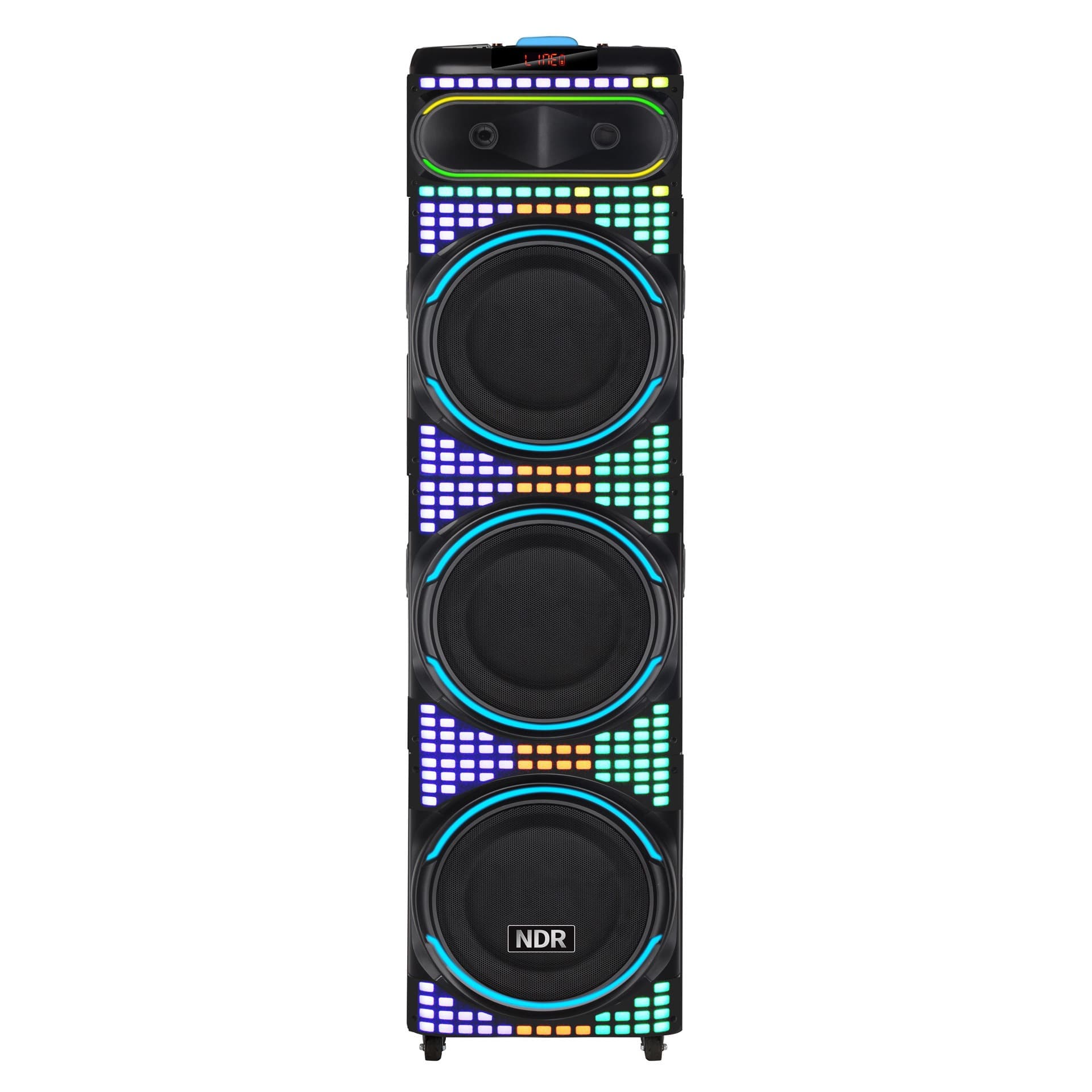 NDR-3260 Portable Bluetooth Speaker with 3x12-inch Speakers, Wireless Microphone, Card Slot, RGB Color Lights for Square Dancing