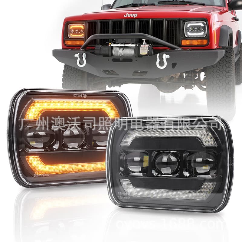 In Stock 5x7 Inch Square Rectangular Car Headlight LED Angel Eye High Low Beam Daytime Running Turn Signal DRL Integrated