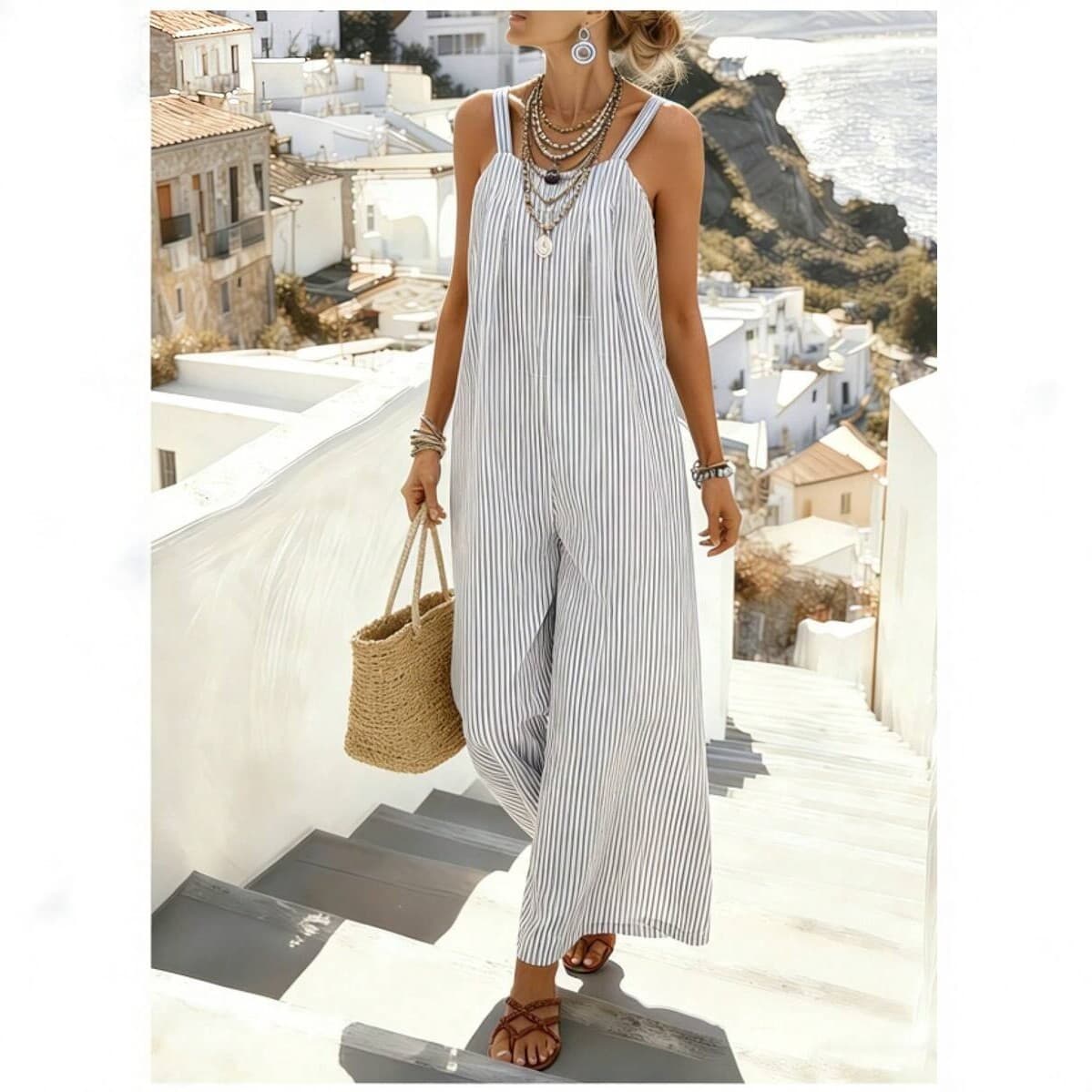 2026 Summer New European and American Style Striped Sleeveless Dress for Women, Loose Vacation Maxi Dress, Fashionable Strappy Dress