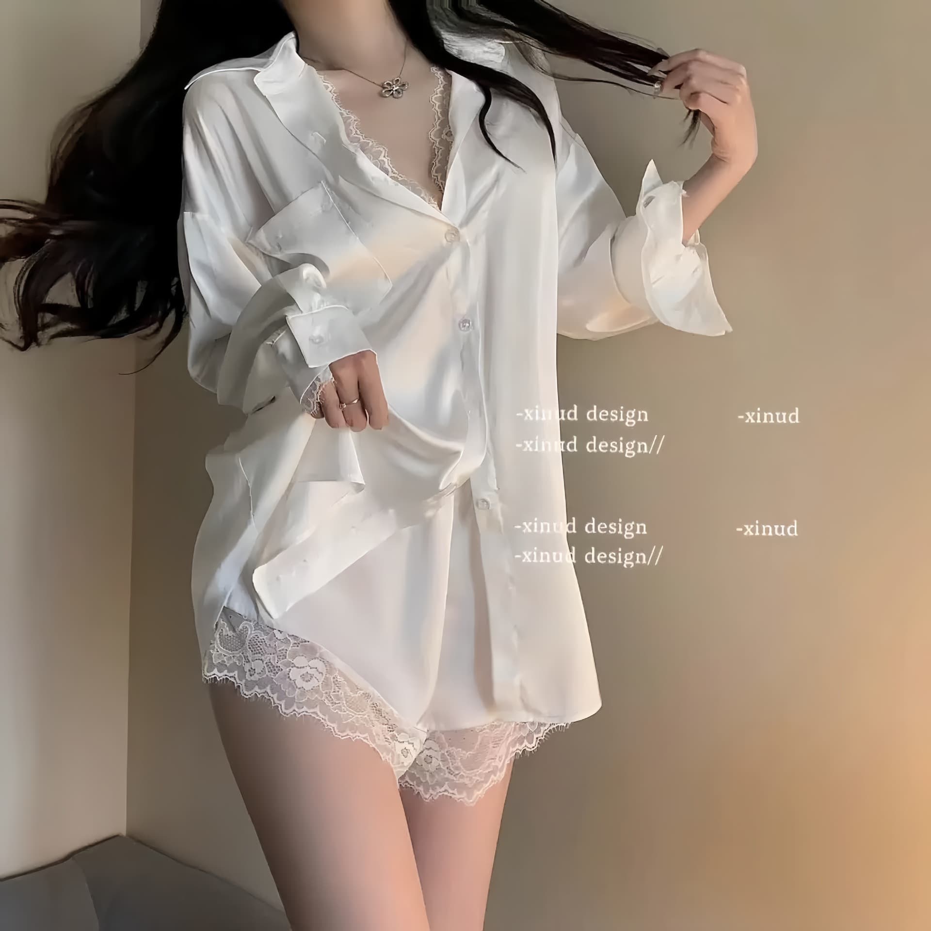 Boyfriend style shirt sexy pajamas for women spring and summer ice silk pure lust thin nightgown women's loose home wear suit