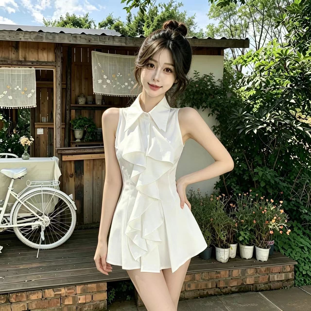 Official picture, actual price, ruffled sleeveless shirt top, women's summer French style mid-length waist slim shirt