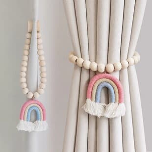Curtain Tie Back No-Drill Handwoven Tricolor Rainbow Wooden French Tassel Tie Strap Cotton Linen Magnetic Buckle