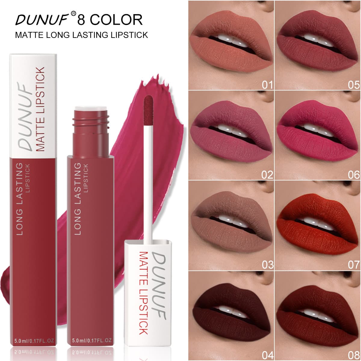 DUNUF 8-Color Matte Long-Lasting Lip Gloss Velvet Matte Lip Lacquer Smudge-Proof European and American Lipstick Cross-Border Foreign Trade Makeup