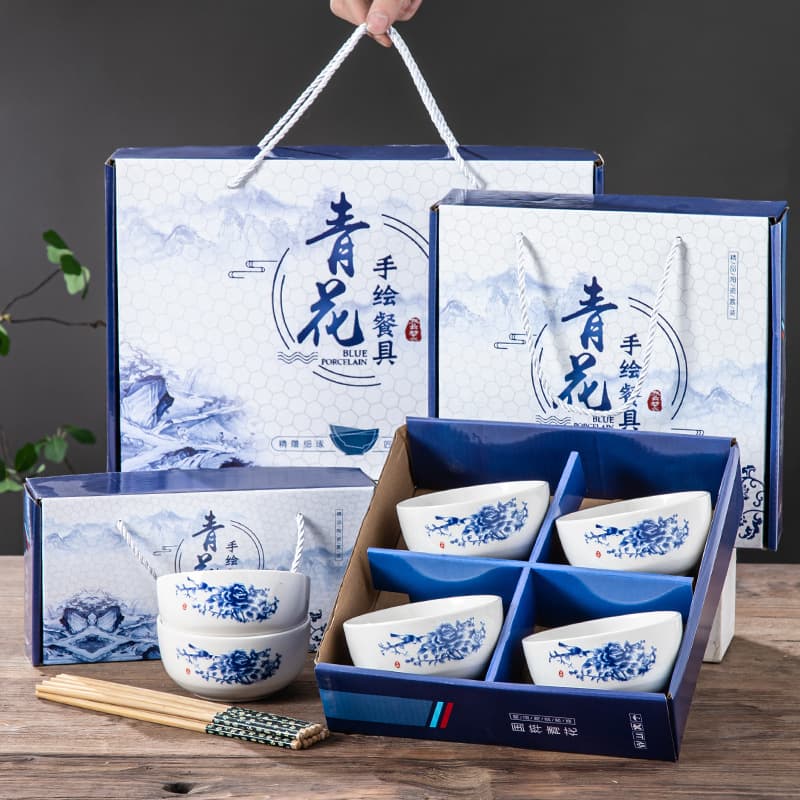 Customizable LOGO Bowl Set Gift Boxed Ceramic Tableware, Blue and White Porcelain Rice Bowls, Dishes, and Chopsticks Set for Home Use