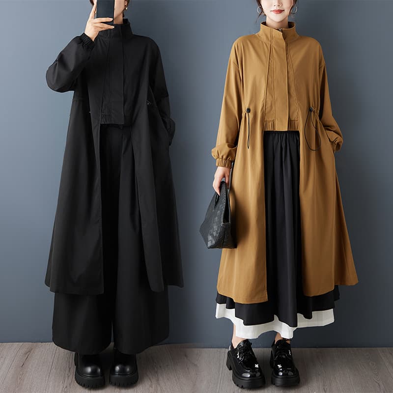 2025 Niche Design Sense Dark Style Irregular Zipper Trench Coat Loose Drawstring Slimming Fashion Casual Long Coat