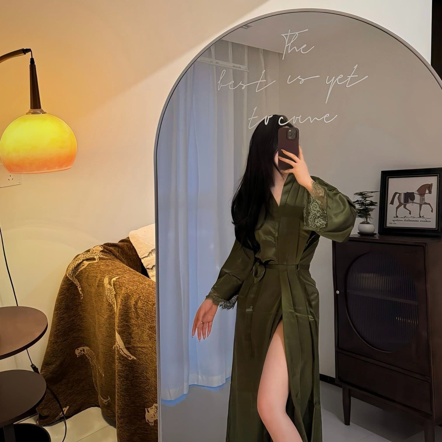 Light Luxury Women's Matching Dressing Gown, Tall Women's Sexy Stretch Satin Long Nightgown, Loose Spring and Summer Long-Sleeved Lace Bathrobe