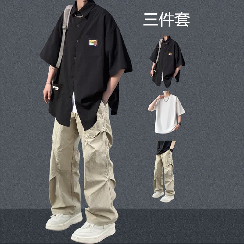 Summer Men's Short Sleeve Shirt Set, Youth Korean Trendy Cool 3-Piece Design Outfit