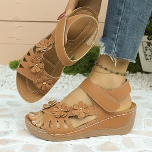 Large Size Wedge Heel Sandals Women 2026 Summer European American New Hollow Flower Thick Sole One-strap Beach Sandals Women's Sandals