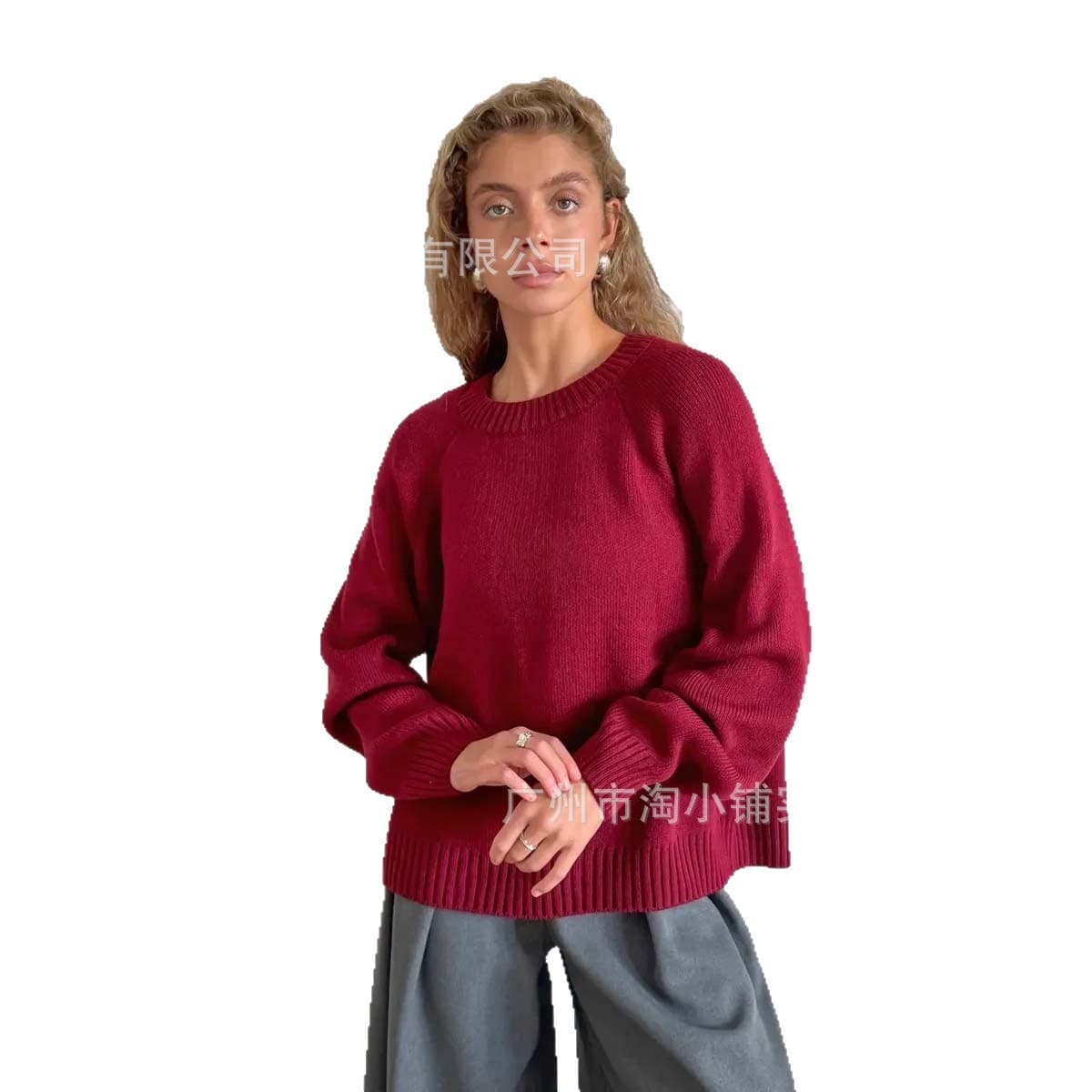 Casual Versatile Loose Drop Shoulder Round Neck Knit Sweater for Women 2025 Fall Winter Simple Fashion Solid Red Pullover Trendy