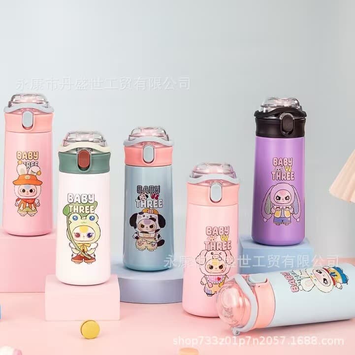 Cross-border Hot Item Labubu Cartoon Insulated Cup, 3D Cat Cup, Handheld Pea Cup with Straw and Pop-up Lid