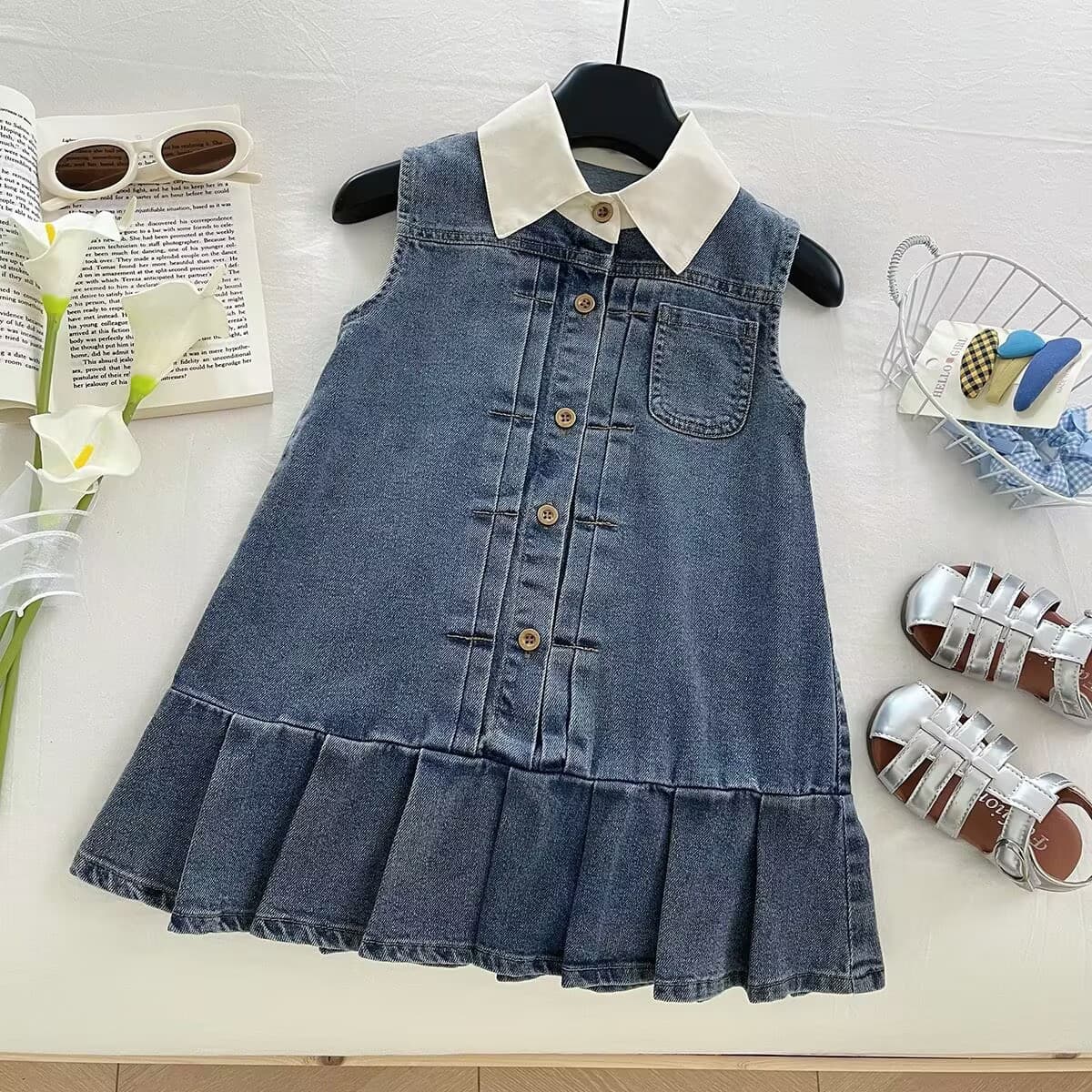 2025 Summer Girls Denim Dress Baby Turn-down Collar Vest Dress Korean Style Children's Fashionable Cool Dress