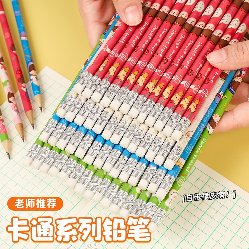 Cartoon pencil for primary school students with rubber log HB painting sketch round pencil children's small prize wholesale