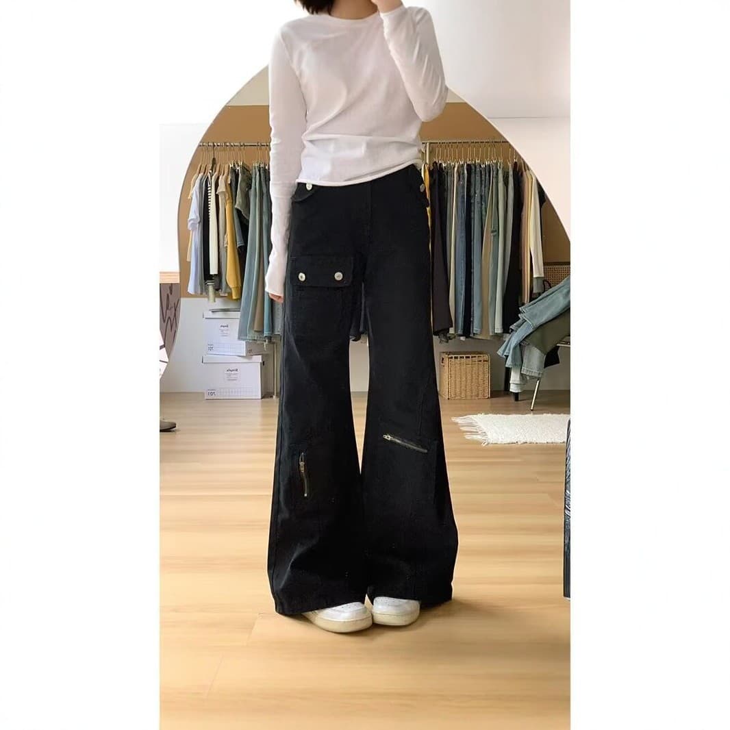 Spring/Autumn Black Multi-Pocket Bootcut Jeans, American Retro Designer Pants Slim Straight Cargo Trousers for Women