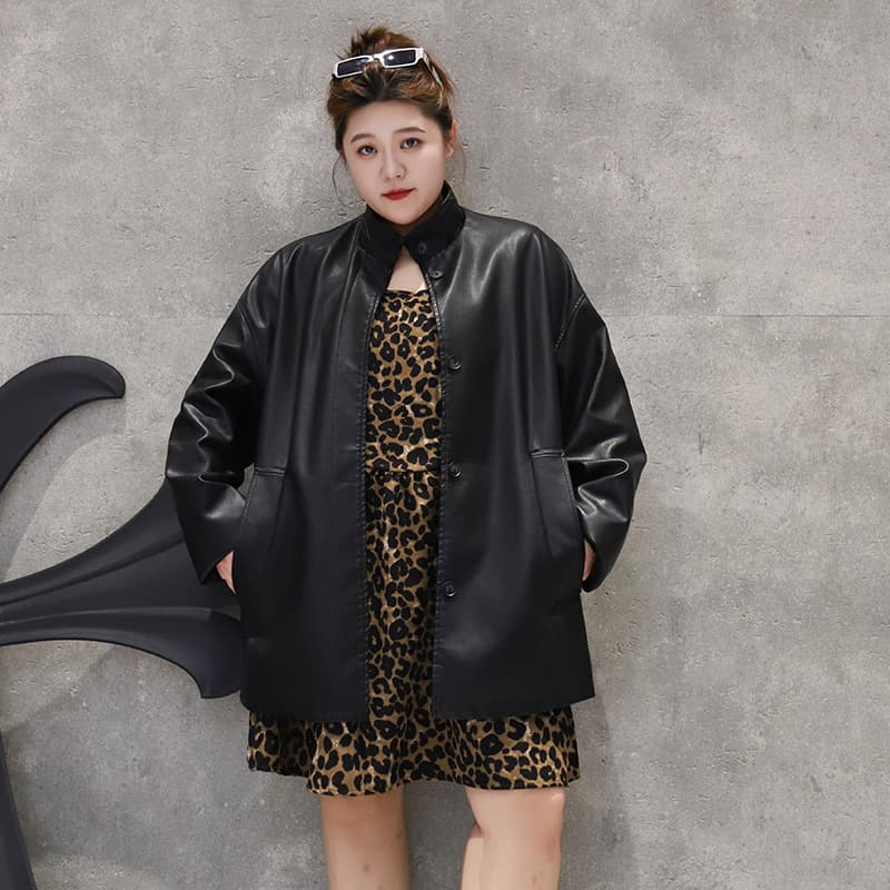 High-end autumn new version plus size leather mid-length women's black retro stand collar loose casual coat