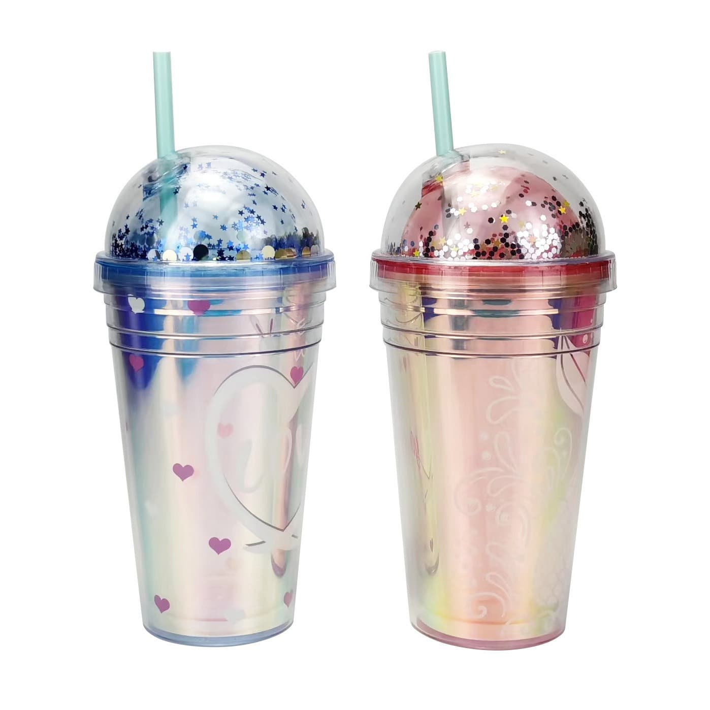 Factory Supply 350ML Double-Wall Straw Cup 12OZ Double-Wall Straw Cup PS Plastic Double-Wall Round Lid Straw Cup