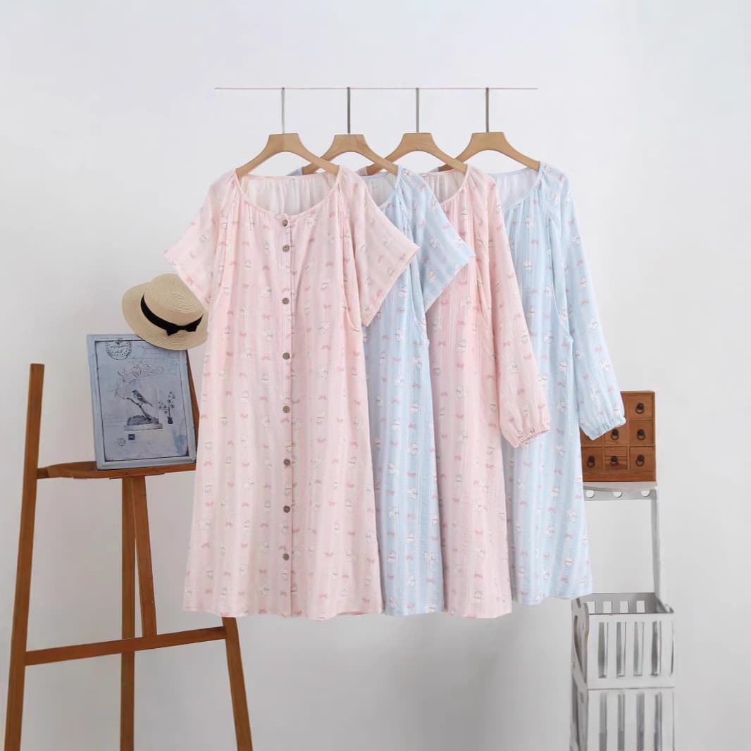 Spring and Summer Maternity Nursing Nightgown, Pure Cotton Crepe, Long Sleeve and Short Sleeve Dress for Postpartum and Breastfeeding, Suitable for Delivery Room