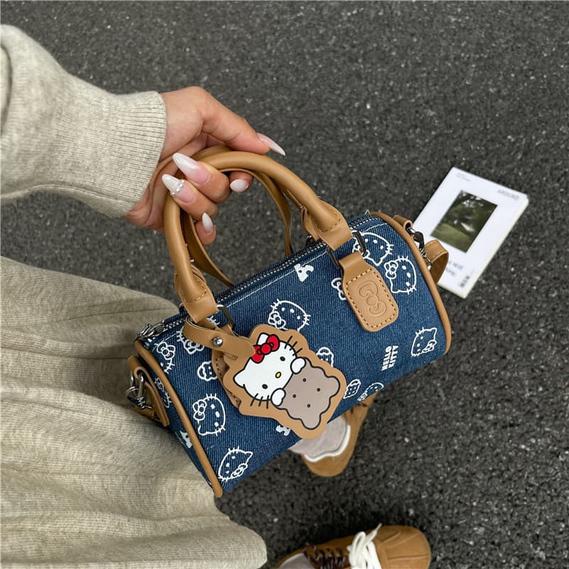 Hello Kitty Premium Denim Bowling Bag Large Capacity Versatile Handheld Shoulder Crossbody Boston Bag for Women