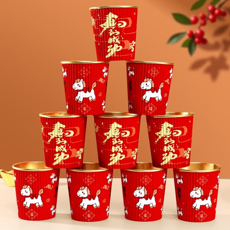 2026 Year of the Horse Gold Foil Paper Cups, Disposable Red Thick Heat-Resistant High-Temperature Cups for Home Lunar New Year Celebration
