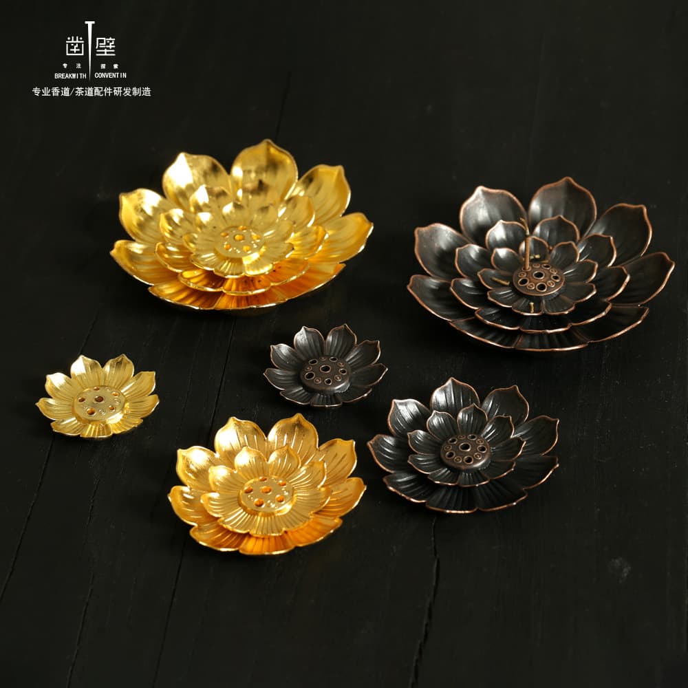 Manufacturer Wholesale Multi-Hole Copper Lotus Incense Holder, Zen-Inspired Burner Tray for Sticks and Coils with Stand