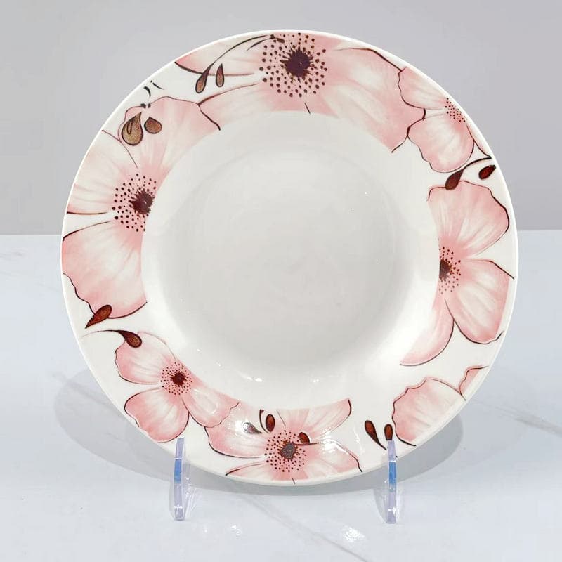 Linyi Ceramic French Romantic Peach Blossom Pink Rim Soup Plate 6/7/8 Inch Serving Plate Dish for Home Use and Wholesale Export