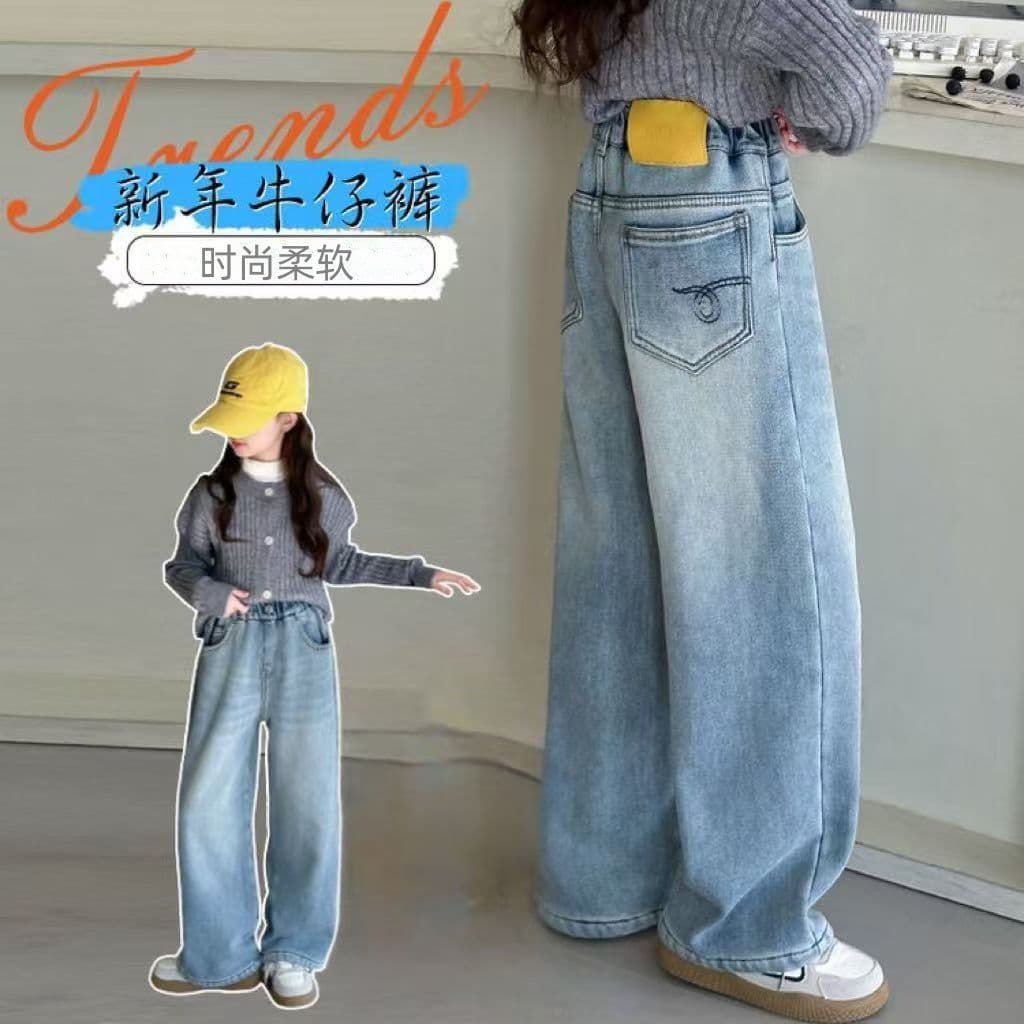 Girls' fleece-lined jeans, 2025 new style, loose straight leg, versatile casual pants for medium and large children, winter wide-leg pants
