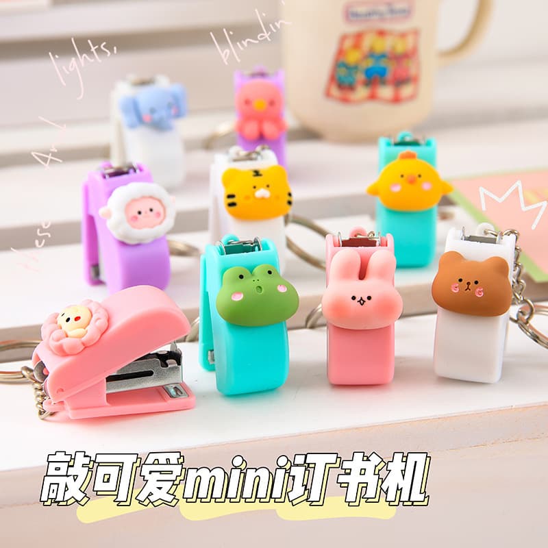 Portable cute cartoon mini small stapler, creative student office small stapler binder with keychain