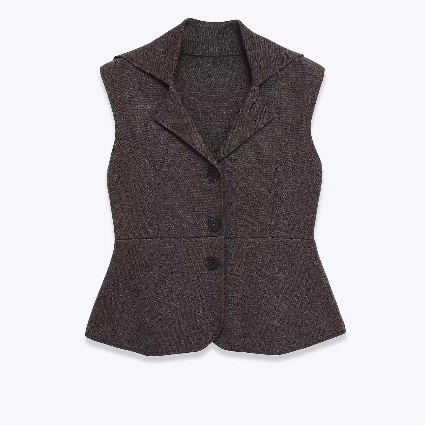 ZA Cross-border European and American Women's Fashion Autumn New Dark Gray Suit Collar Waistcoat