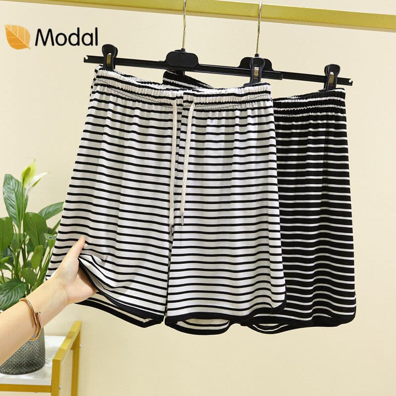 Modal Black and White Striped Shorts for Women Summer Thin Casual Pants Plus Size Loose Wide Leg Sleep Pants