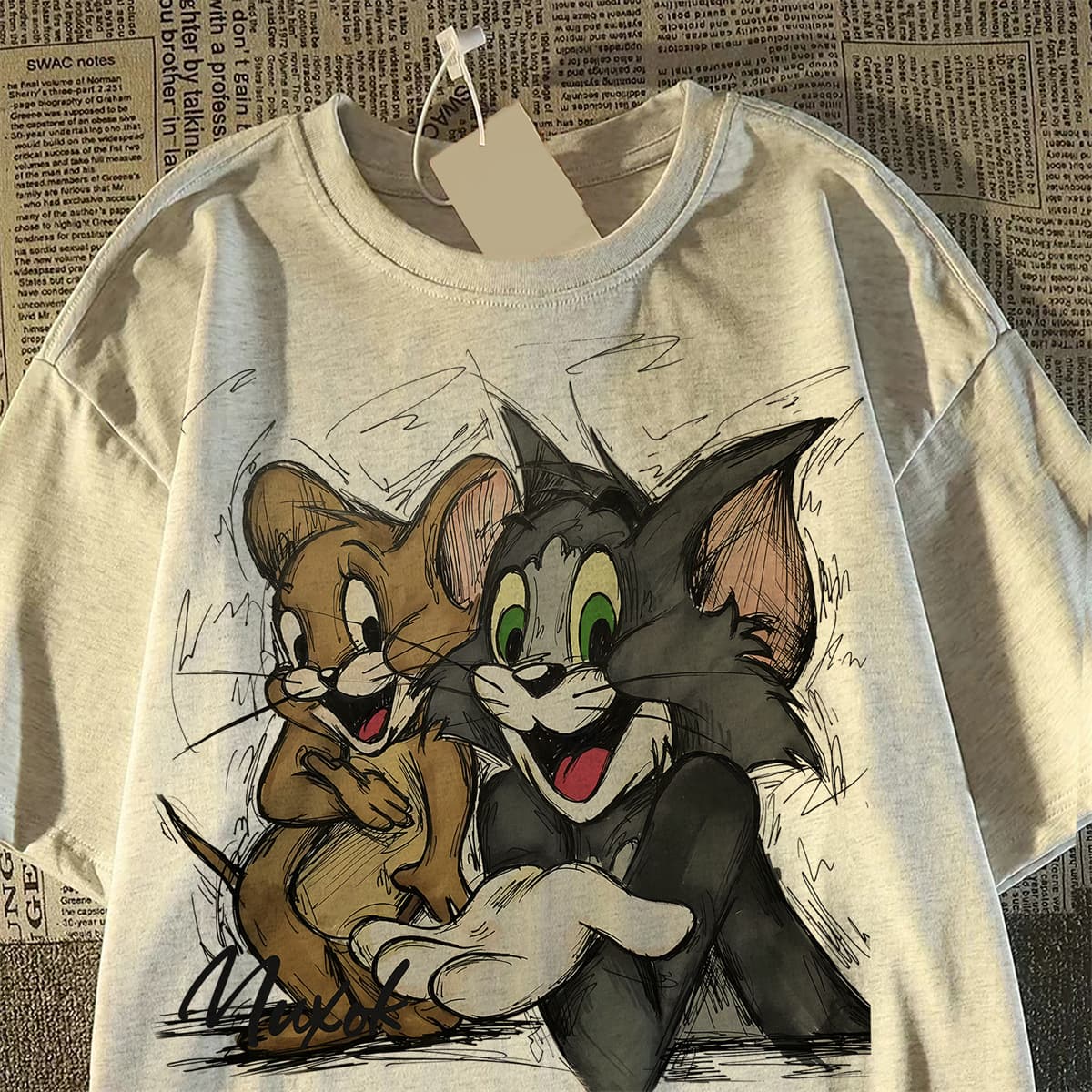 Plus Size Retro Cute Tom Cat Short Sleeve T-Shirt for Women and Men Summer Trendy New Comfortable Breathable Casual Couple Top